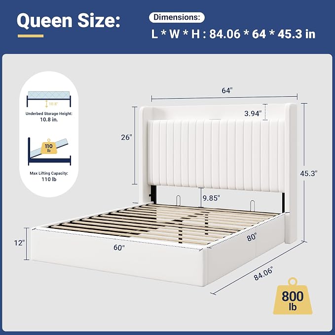 Allewie Queen Lift Up Storage Hydraulic Bed Frame,Charging Station,White | Storage Shelf Headboard with Charging Station,Type-C,USB Ports,Hydraulic Support,Velvet Upholstered,No Box Spring Needed