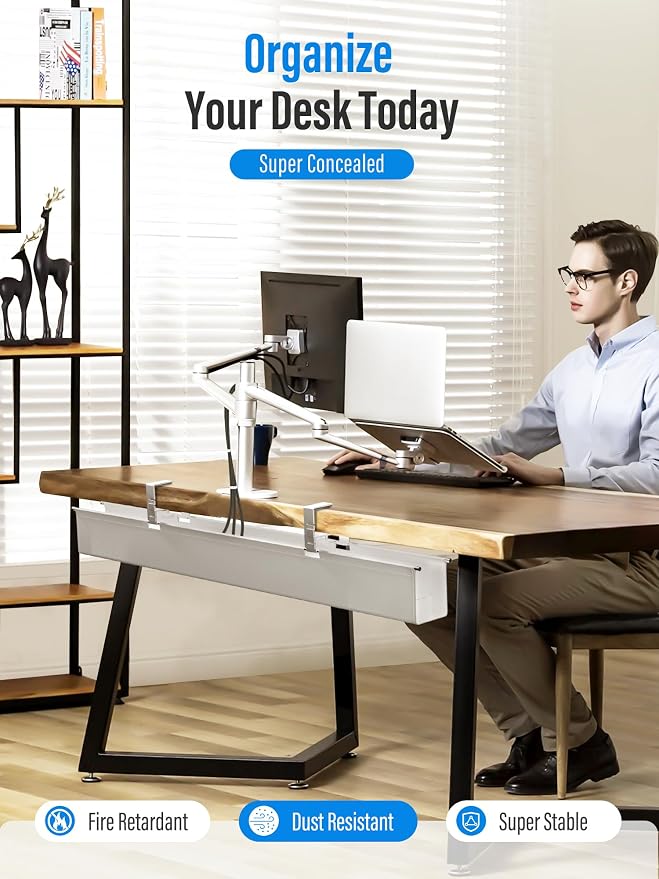 [Upgraded] Large Under Desk Cable Management Tray, Cinati Cable Management Under Desk No Drill, 28.4" Fabric Cord Hider for Wire Organizer, Cord Organizer for Office, Home - Supports Up to 30lbs White