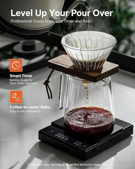 Rechargeable Coffee Scale with Timer - Large Digital Pour-Over Scale, 2kg/0.1g Precision for Espresso Weight, Drip, Auto Tare, Brew Ratio, 3 Modes, 1500mAh for Long Standby, Black