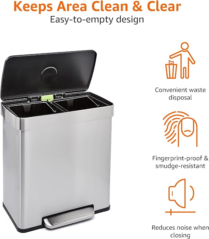 Amazon Basics Dual Compartment Recycling Trash Can with Soft-Close Lid, Fingerprint Resistant, Removable Liner Buckets, 60 Liters, Rectangular, Grey, Silver