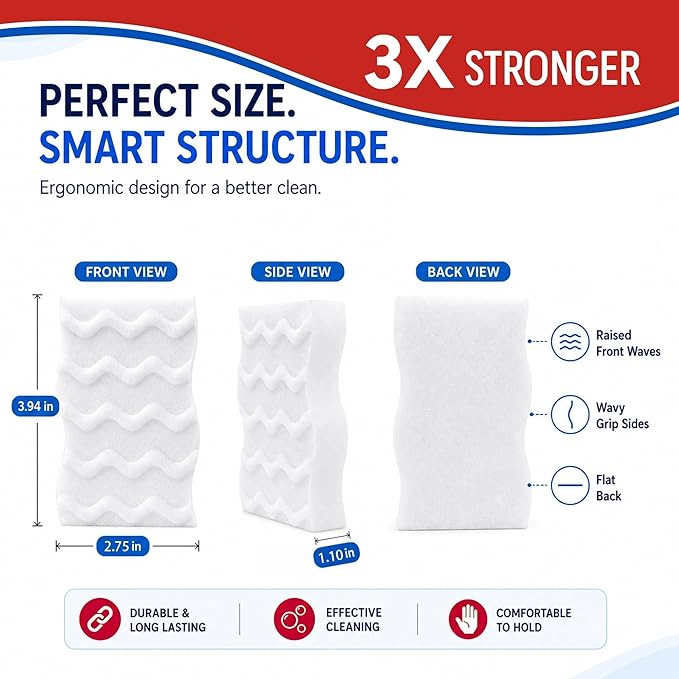 3X Density Magic Sponge Eraser, 100 Pack Melamine Sponge Cleaning Eraser Bulk, White Foam Magic Clean, Household Cleaning Sponges mr for Kitchen, Bathroom, Bathtub, Sink, Shoes & Wall Cleaner