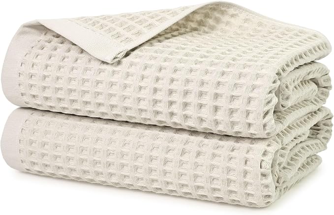 Waffle Bath Towels Set of 2 (Mist White) – Cotton, Quick Dry, Low Lint | 31” x 62” Large Towels for Bathroom Shower Spa Pool