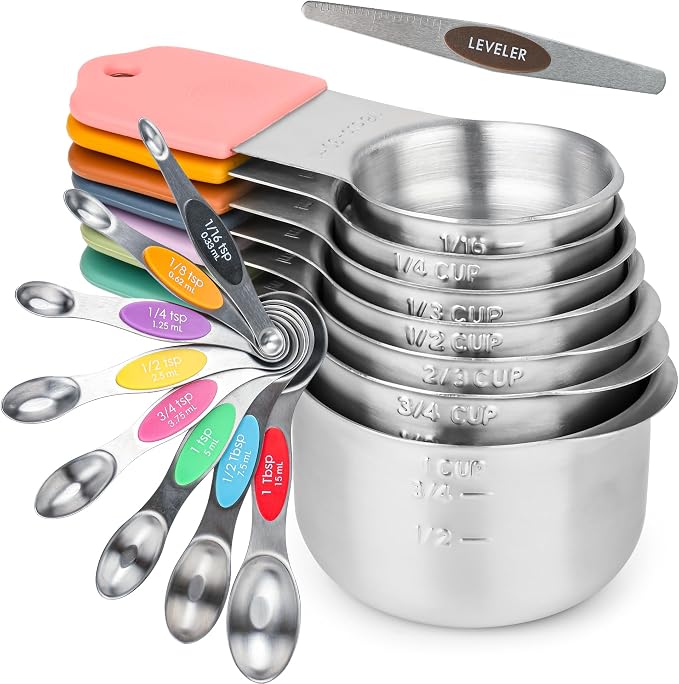 Measuring Cups and Spoons Set 16, Metric & US Stainless Steel Magnetic Measuring Cups and Spoons Set for Baking & Kitchen, Dry & Liquid Metal Measure Cups & Spoons with Leveler