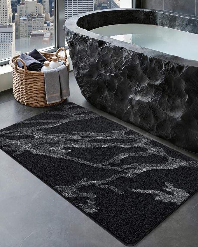 DEXI Bathroom Rug Mat 43x24, Soft and Absorbent Marble Bath Mat, Non Slip Machine Washable Bath Rugs for Shower Floor, Tub, Sink, Black