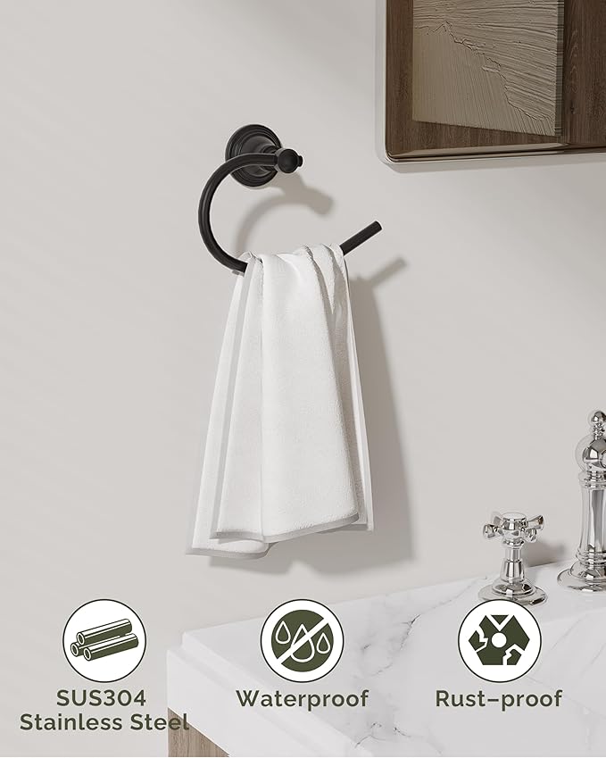 Towel Ring 2 Pack, Stainless Steel Hand Towel Holder for Bathroom Wall Mount, Heavy Duty Towel Hanger for Kitchen, Bath, RV (Matte Black)