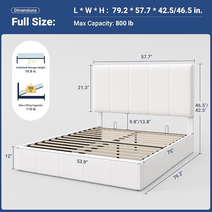 Allewie Full Size Velvet Lift Up Hydrualic Storage Bed Frame, White | Vertical Channel Tufted Headboard, Hydrualic Underneath Storage, Upholstered Platform Bed, No Box Spring Needed