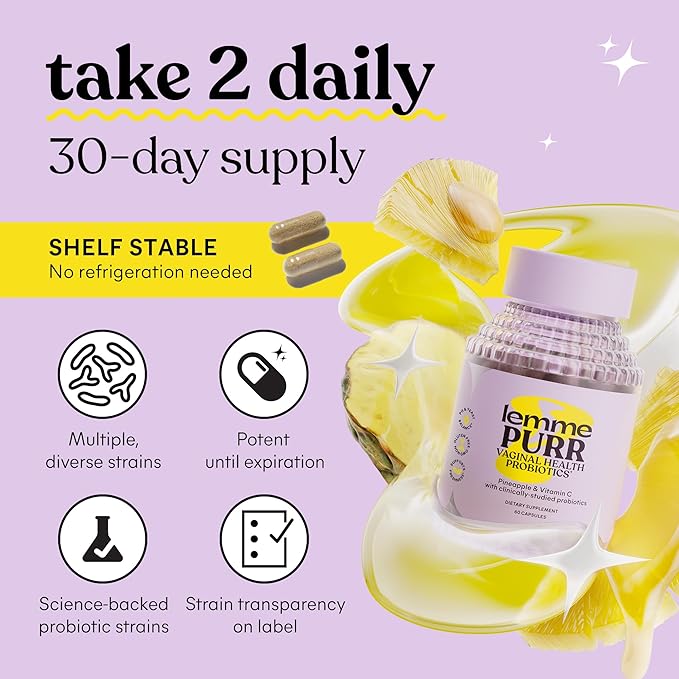 Lemme Purr Vaginal Probiotics for Women - Promotes pH Balance, Healthy Vaginal Odor & Urinary Tract Health w/Lactobacillus Blend, Clinically Tested Strains, Pineapple & Vitamin C - 60 Veggie Capsules