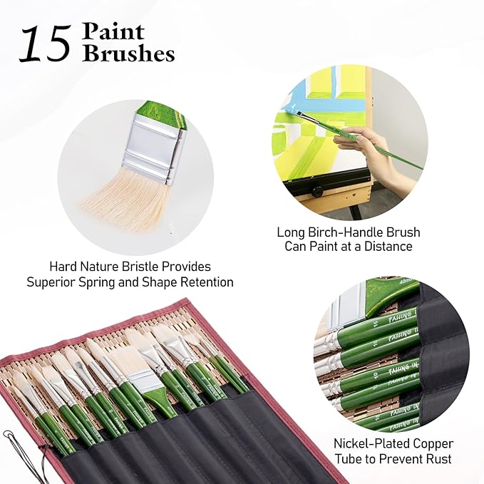 Falling in Art Natural Bristle Professional Paintbrush Set, 15PCS Long Handle Brushes for Acrylic Painting, Oil Paint Brushes of Fan, Round, Flat, Angled, and, Filbert with Storage Pouch, Green