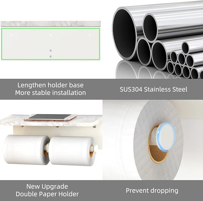 Gypie Double Toilet Paper Holder, Toilet Paper Wall Mount, White Marble | Toilet Paper Holder with Shelf, Stainless Steel Roll Holder for Bathroom Washroom