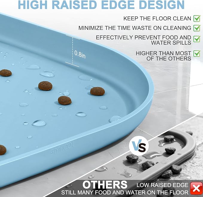 SMILOOL Waterproof Silicone Pet Food Mat with Raised Edge for Dog & Cat | 24" x 16" Non-Slip Pet Feeding Mats with Lip for Food & Water Bowl, Food Grade, Easy Cleaning, Light Blue