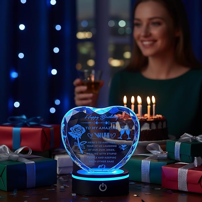 Birthday Gifts for Wife, Romantic Heart Shaped Crystal Night Light with LED Base, Wife Birthday Gift from Husband, Crystal Style Keepsake Plaque, Anniversary Valentine Christmas Gift for Her