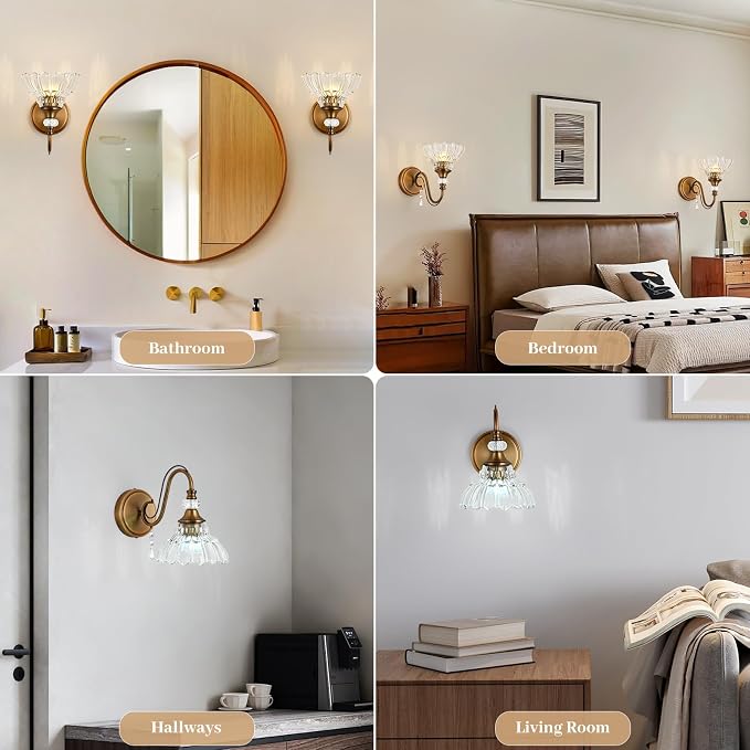 1 Piece Vintage Wall Sconce, 1-Light Matte Antique Brass Finish Wall Sconce with Hanging Crystal Accents and Flower-Shaped Clear Shades for Bathroom Bedroom Living Room,Vintage Vanity Light