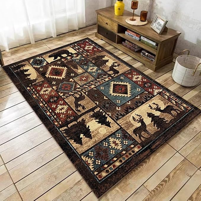 Empire Bear Cabin Area Rug for Hallway Rustic Lodge Border Rugs Multicolor Indoor Door Mat Moose Deer Floor Carpet Mats 2'x3'