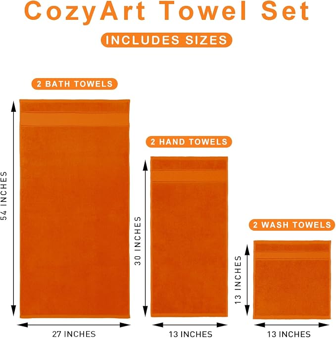 COZYART Bath Towel Set 6 PCS, Orange Luxury 100% Turkish Cotton 650GSM | Soft Absorbent Quick Dry, OEKO‑Tex 100 Cert. Zero Twist Ring Spun Cotton, Plush Fluffy, Breathable Hotel Quality Towels Set