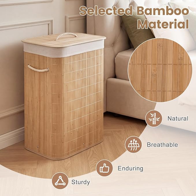 Giantex Bamboo Laundry Hamper with Lid, Removable Liner & Portable Handles | 19 Gal Large Capacity Clothes Hamper, Rectangular Laundry Basket for Bedroom Bathroom Laundry Room