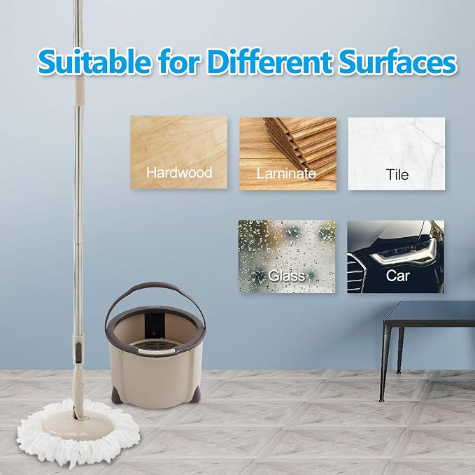 Eyliden Spin Mop and Bucket Set, 2 Microfiber Heads, Wash & Dry | Self-Cleaning Mop Bucket System for Hardwood, Tile, Vinyl Floors, Adjustable Stainless Steel Handle, Space-Saving Design