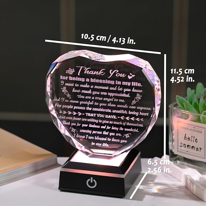 Arikyrist Thank You Gifts for Women Men Heart Shaped Crystal Plaque with LED Light Base Appreciation Gifts for Teacher Nurse Doctor Coworker Boss Inspirational Home Desk Decor