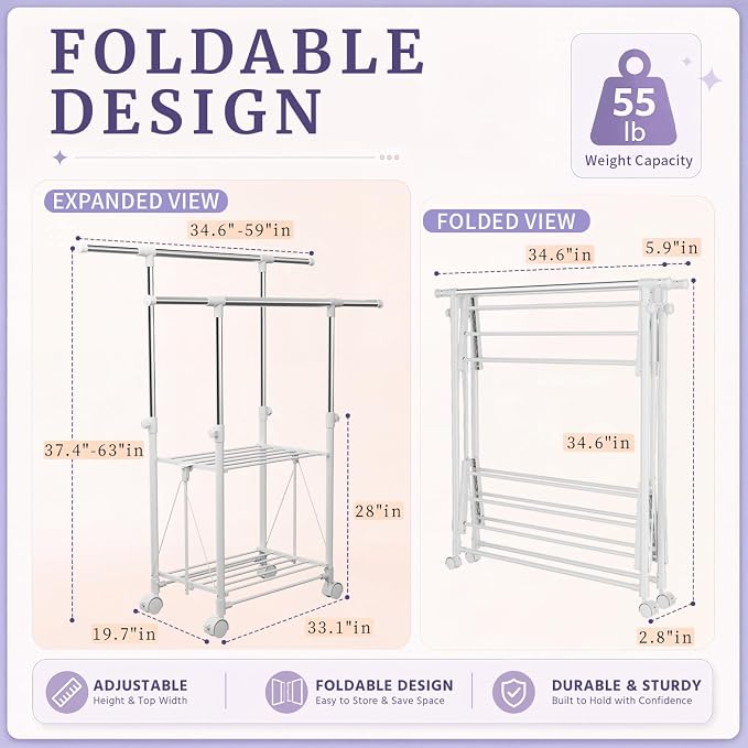 Clothes Drying Rack Foldable，Height & Length Adjustable Drying Rack | Large Drying Rack with 2-Tier Long Pole，Bedding，Lothing，Space Saving Drying Rack Clothing for Apartment，Balcony, White