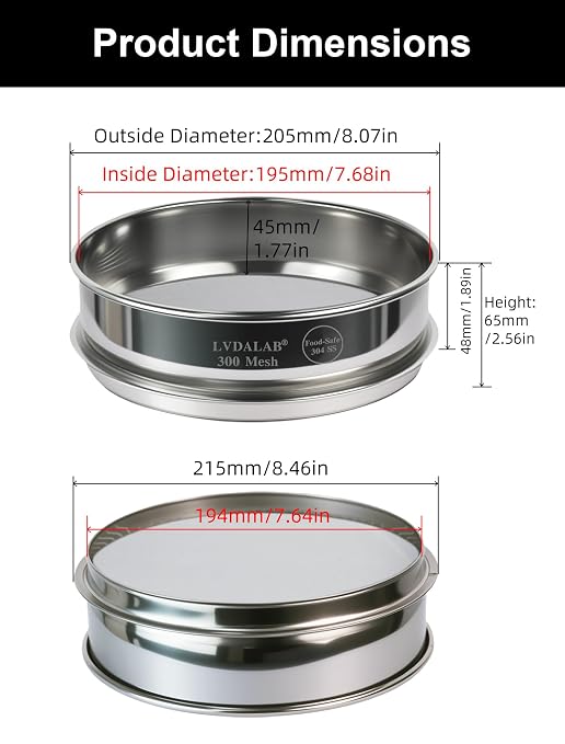 All 304 Stainless Steel 300 Mesh Test Sieve (0.050mm Aperture), 8 Inch/20cm Diameter, Ultra Fine Micron Filter, Lab Sifter for Chemical Research, Inks & Pigment Testing