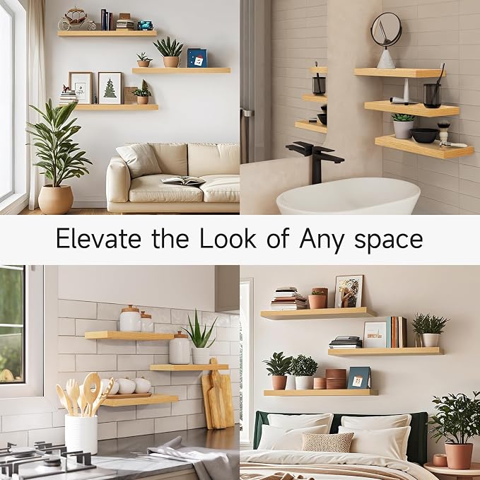 BAYKA Floating Shelves for Wall, 22.5 inches Wall Mounted Rustic Wood Shelves for Bathroom, Bedroom, Living Room, Floating Shelves for Books/Storage/Decor (Light Oak-Toned,Set of 3)