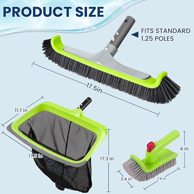Sepetrel 3-Piece Pool Cleaning Kit (No Pole), 17.5" Aluminum Wall Brush, Leaf Skimmer Net with Rubber Edge and 90° Rotatable Scrub Brush for Above Ground Pools and Vinyl Liners