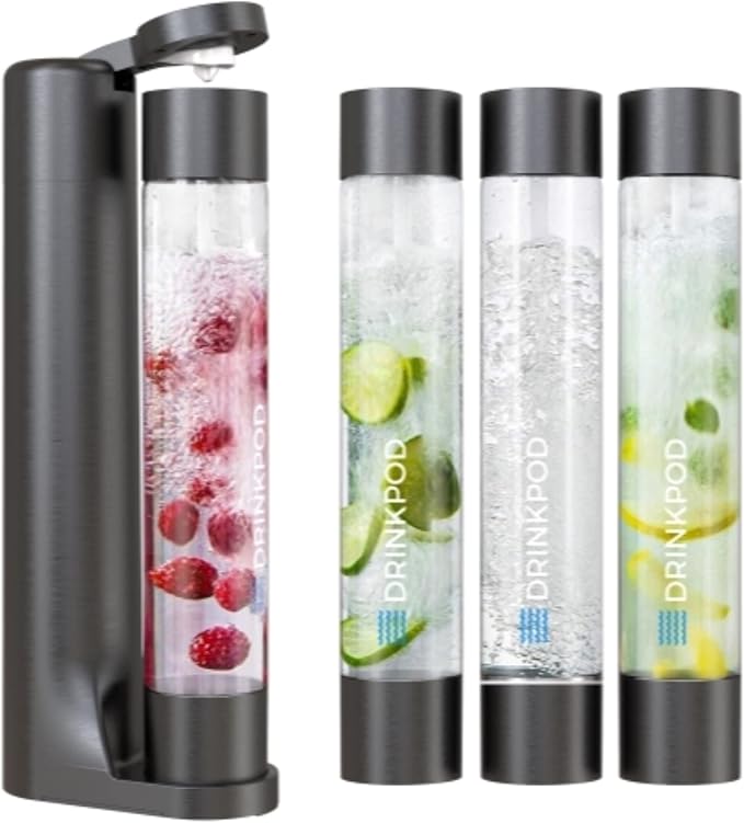 Fizzpod Home Soda Maker Sparkling Water Carbonator With 3 Bottles and 2 Bottle Brushes (Black)