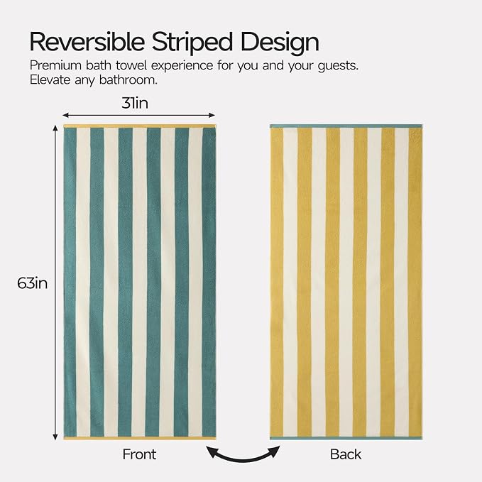 REDKISS 2 Pack Extra Large Striped Bath Towels, 31 x 63 Inches, 100% Cotton, Larger & Quicker to Dry, Super Soft and Highly Absorbent Towel, Perfect for Bathroom, Green