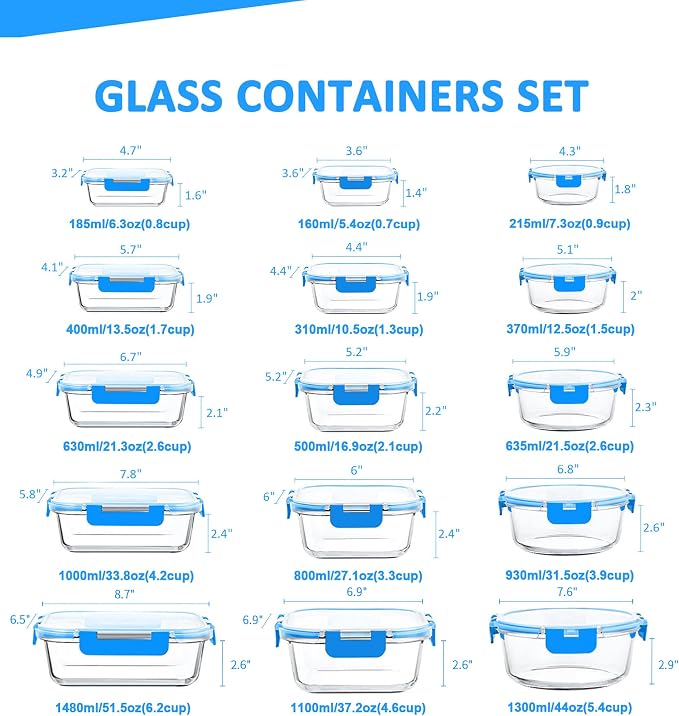 30 Pieces Glass Food Storage Containers Set, Blue | Glass Meal Prep Containers Set, Snap Locking Lids, Airtight Lunch Containers, Microwave, Oven, Freezer & Dishwasher Safe
