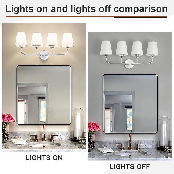 Bathroom Vanity Light, Brushed Nickel Bathroom Light Fixtures, 4-Light Lighting Fixtures Over Mirror, Modern Wall Sconce with Flared White Fabric Shade, E26 Socket(ETL Listed)