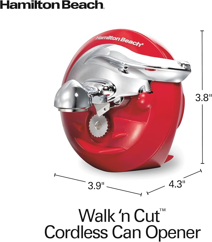 Hamilton Beach Walk 'n Cut Electric Can Opener for Kitchen, Use On Any Size, Automatic and Hand-Free, Cordless & Rechargeable, Easy Clean Removable Blade, Red (76506)