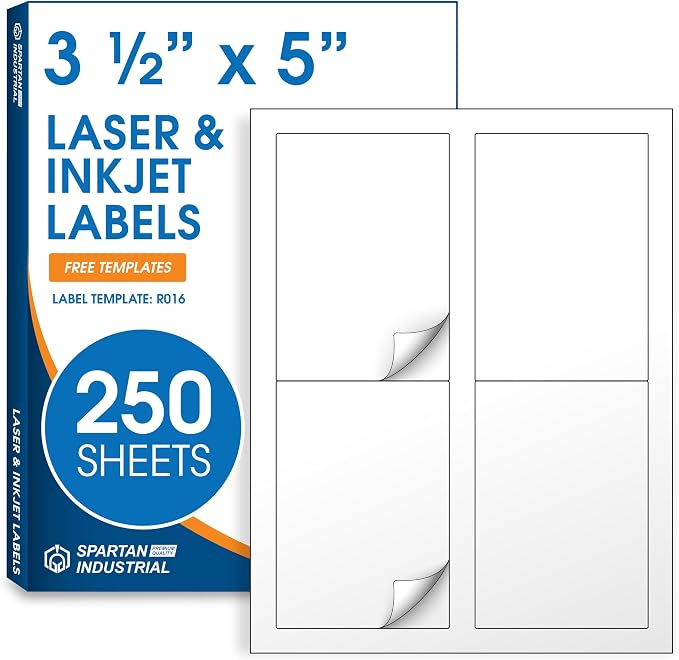 3.5" X 5" Matte White Printable Shipping Labels (250 Sheets, 1000 Stickers) Mailing and Address Labels, Product Packaging Stickers for Laser & Inkjet Printers - Spartan Industrial Template R016