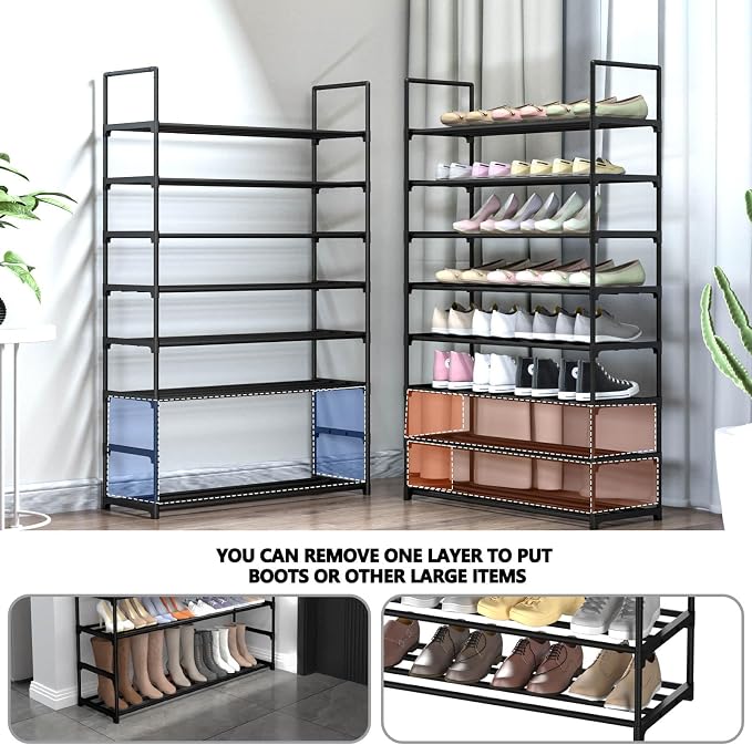 Hsscblet 8 Tiers Metal Shoe Rack,Adjustable Shoe Shelf Storage Organizer with Hooks,Stackable Boot & Shoe Storage,for Entryway,Hallway,Closet,Black