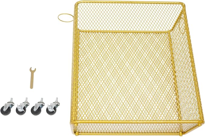Rolling Laundry Basket with Wheels and Round Handle, Rectangular Metal Mesh Wire Laundry Hamper, Wheeled Dirty Clothes Basket, Utility Storage Cart Bathroom Organizer for Home (Gold-Rectangular)