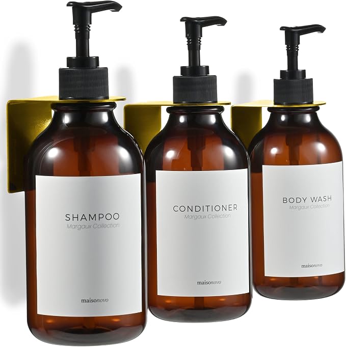 Shampoo and Conditioner Dispenser Wall Mounted Set of 3 Amber Gold - No Drill Shower Soap Dispenser for Bathroom Refillable - Spa Hotel Style Accessories by MaisoNovo