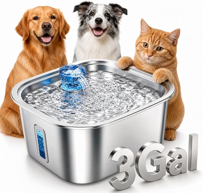 PETNF 3-Gallon Stainless Steel Dog Water Fountain for Large Dogs, Dog Water Bowl Dispenser with 2 Filters, Visible Water Window, Quiet Pump & LED Low-Water Indicator