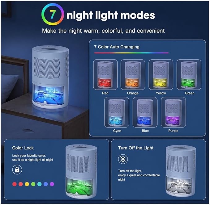 Small Dehumidifier for Bedroom up to 1000 Sq.Ft with Drain Hose, 68 OZ, Auto Shut-Off, Mini Dehumidifier with 7 Color ambient Lights for Bathroom, Basement, Closet, Garage, RV
