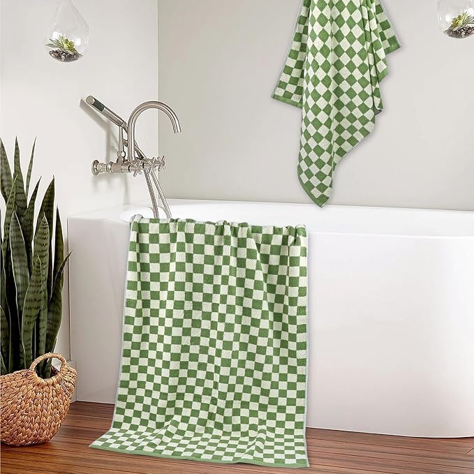 Bath Towels Set of 2 - Luxury Cotton Bathroom Shower Towels Body 55”x27.5” | Absorbent, Quick Dry, 520GSM, Green Checkered Bathroom Decor
