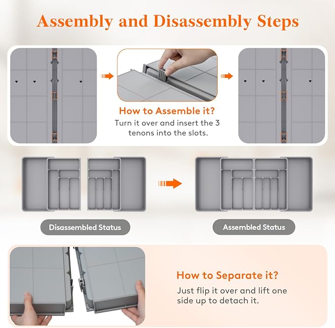 Lifewit Silverware Drawer Organizer, Expandable BPA Free Plastic Utensil Tray for Kitchen, Adjustable Flatware Cutlery Holder for Spoons Forks Knives, 21.3- 36 x 16.9", Gray