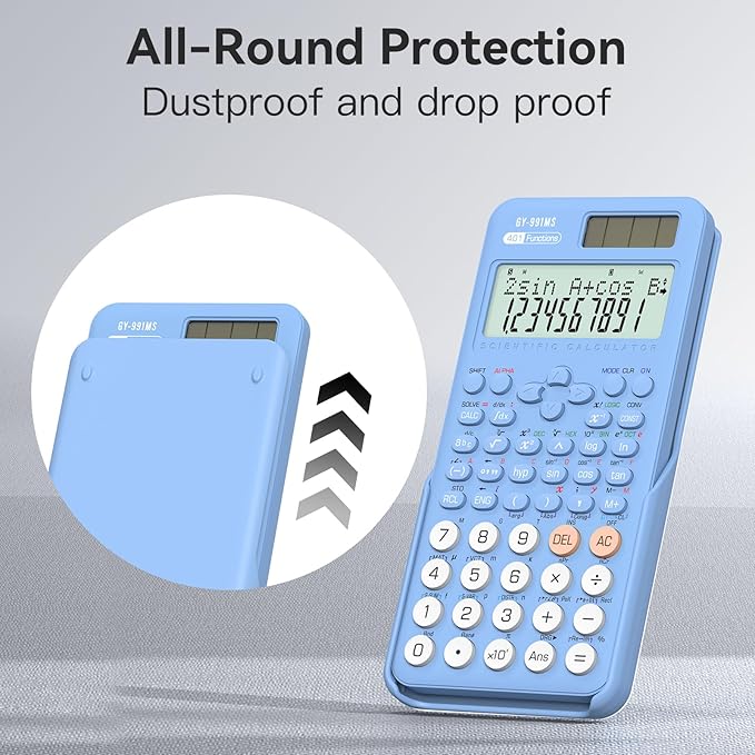 Scientific Calculator School Supplies, ROATEE 991MS 401 Functions 2-Line Display Desktop Calculator with Sliding Cover, Solar Battery Dual Power Kawaii for Middle High School Student and Teacher Blue