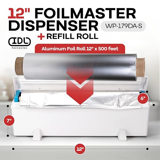 IDL Packaging WP-179DA 12" FoilMaster Dispenser with 12" x 500' Aluminum Foil Roll – New Press-Cutter with Sharp Serrated Blade – 10X Longer Service Life with Durable Plastic Body