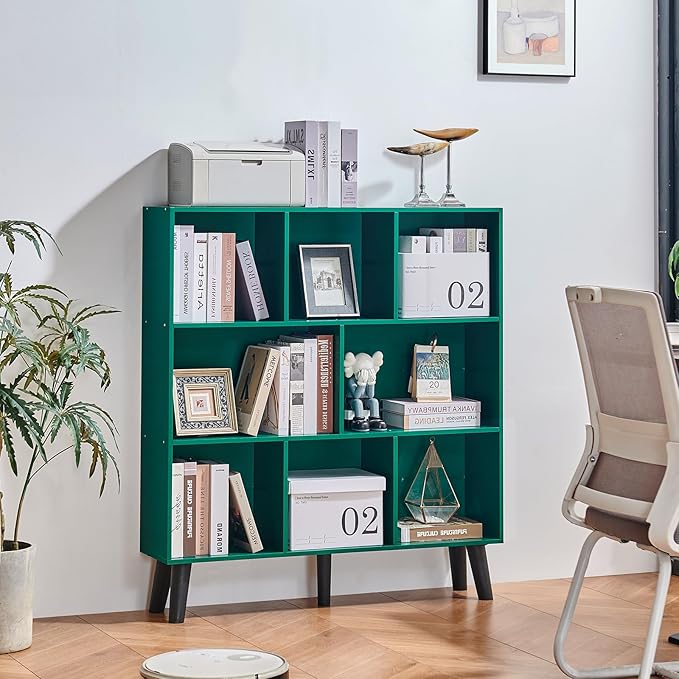 LEYAOYAO 8 Cube Bookshelf,Mid-Century Modern Bookcase with Legs,Dark Green | 3 Tier Book Shelf,Rustic Wood Bookshelves Freestanding Large Storage Organizer, Open Shelves for Bedroom, Living Room, Office