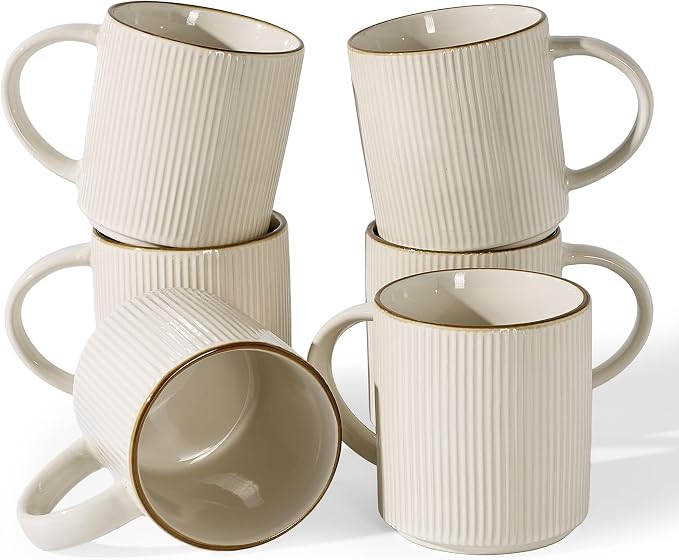 famiware Coffee Mug Set for 6, Star 16 oz Catering Mugs Cup Set with Handle for Coffee, Tea, Cocoa, Milk - Ceramic Stoneware Drinkware Set, White