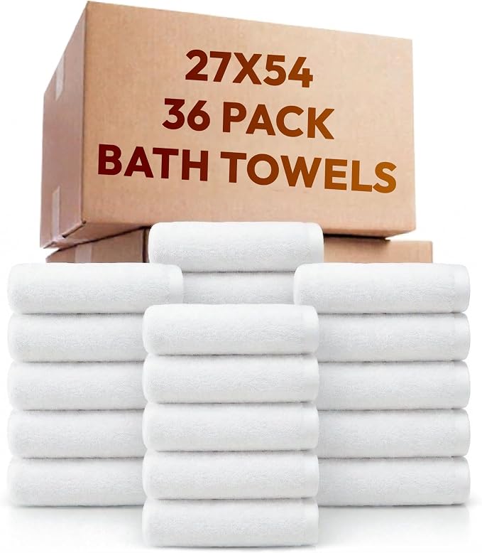 belem Fast Drying Hotel Bath Towels - 27x54 - Pack of 36 White Large Bath Towels Bulk - 3 Dozen Wholesale Economy Bath Towel Set – Lightweight, Soft & Quick Drying – 13.5 lbs/Dozen (010605)