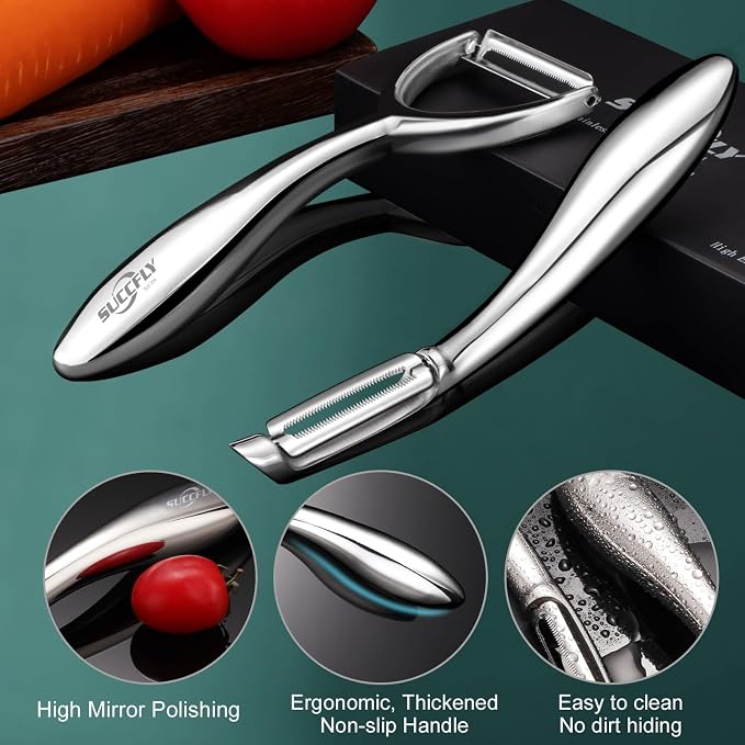SUCCFLY Potato Peeler Stainless Steel, Premium Vegetable Peelers for Kitchen, Fruit & Veggie Peeler, Carrot Cucumber Apple Peeler，Ultra Sharp Serrated Blade，Ergonomic Non-Slip Handle (5-year warranty)