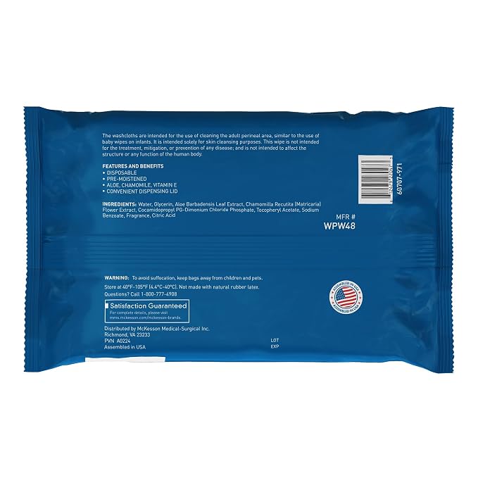 McKesson Washcloth Wipes, Scented - Disposable Wet Wipes for Adults - Alcohol-Free - No-Rinse Formula - Snap Lid Soft Pack, 96 Count, 1 Pack