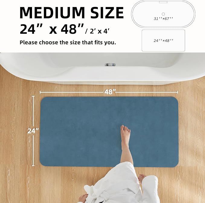 TYUU Bathroom Mat Quick Dry, Bathroom Rugs Non Slip Washable Thin Absorbent Bath Mat Fits Under Door Bathroom Floor Mat Perfect for Bath, Shower, or Sink 24"x48" Denim Blue