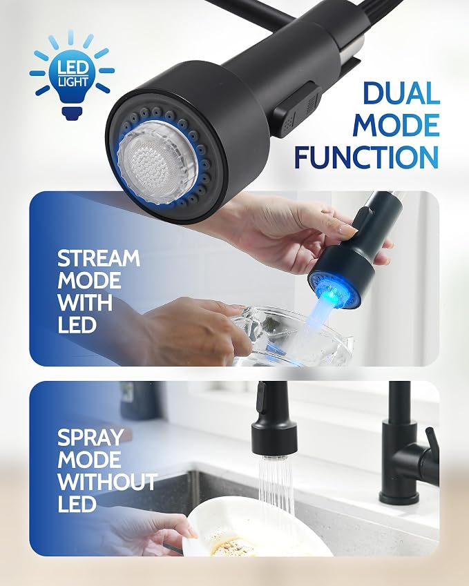 LUFEIDRA Black Kitchen Faucet with Sprayer LED Light, High Arc Spring 304 Stainless Steel Single Handle LED Faucets, Kitchen Sink Faucet for Bar Sink Rv, Matte Black, Pot Filler Faucets