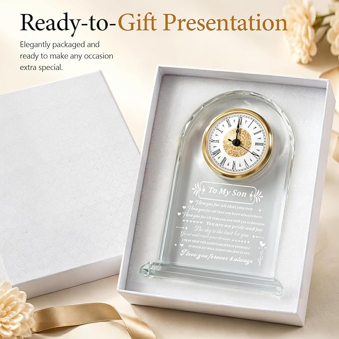 to My Son Gift from Mom or Dad, Birthday Graduation Christmas for Son Adult Present, Laser Engraving Glass Clock Gift (Battery not Included) (Son Gifts)