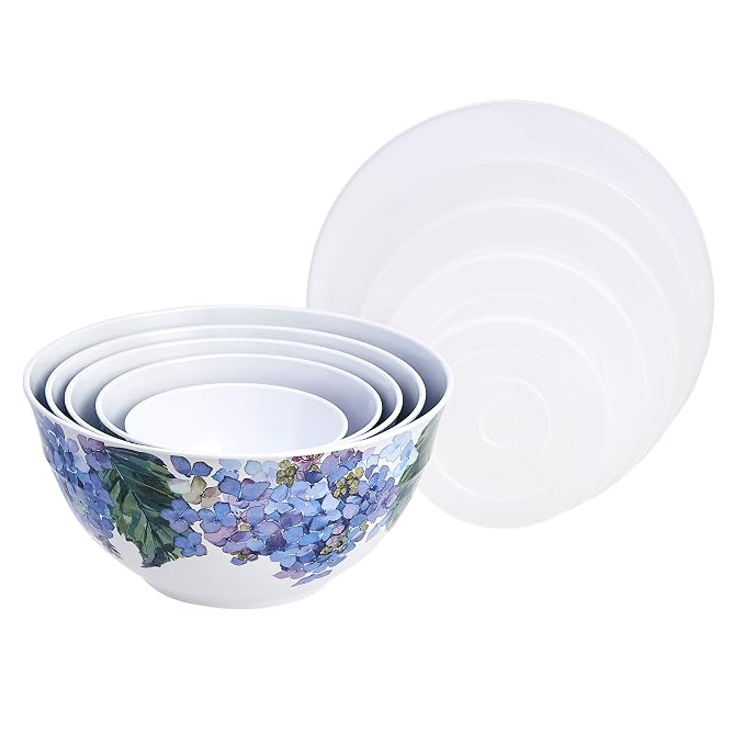 Amazon Basics Mixing Bowls with Lids, Nesting Melamine Serving Bowls, Non-Slip Base, BPA Free, Dishwasher Safe, 5 Sizes, Hydrangea Floral, Set of 10