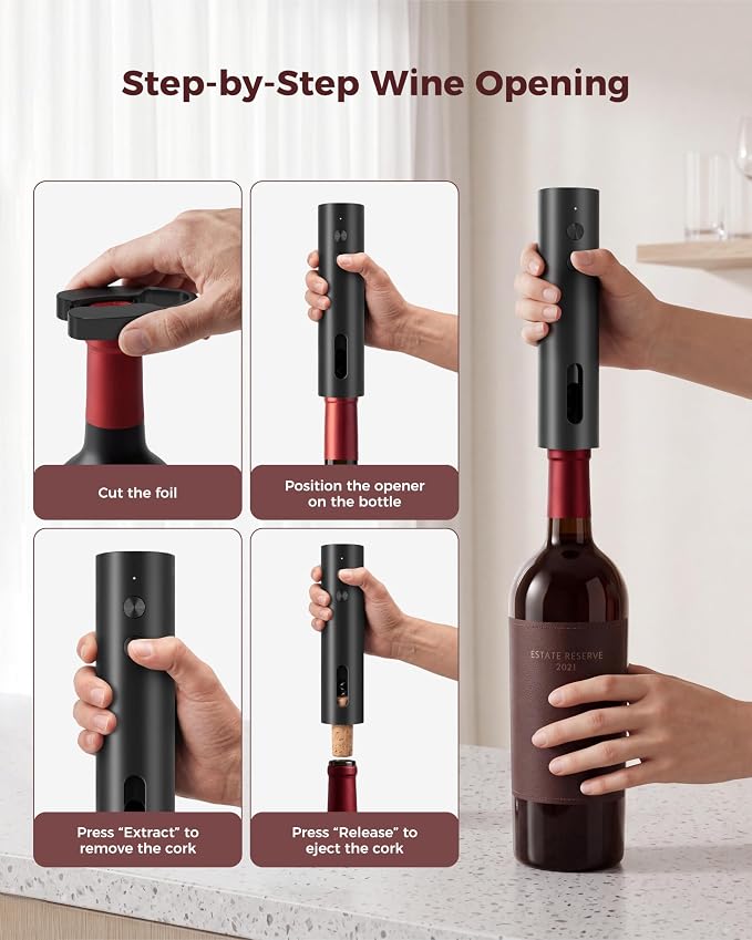 Rechargeable 5-in-1 Electric Wine Opener Set, Cordless Automatic Wine Bottle Opener with Foil Cutter, Aerator Pourer, Vacuum Stopper & Storage Base, Ideal for Home Bar, Party, Wedding Gifts